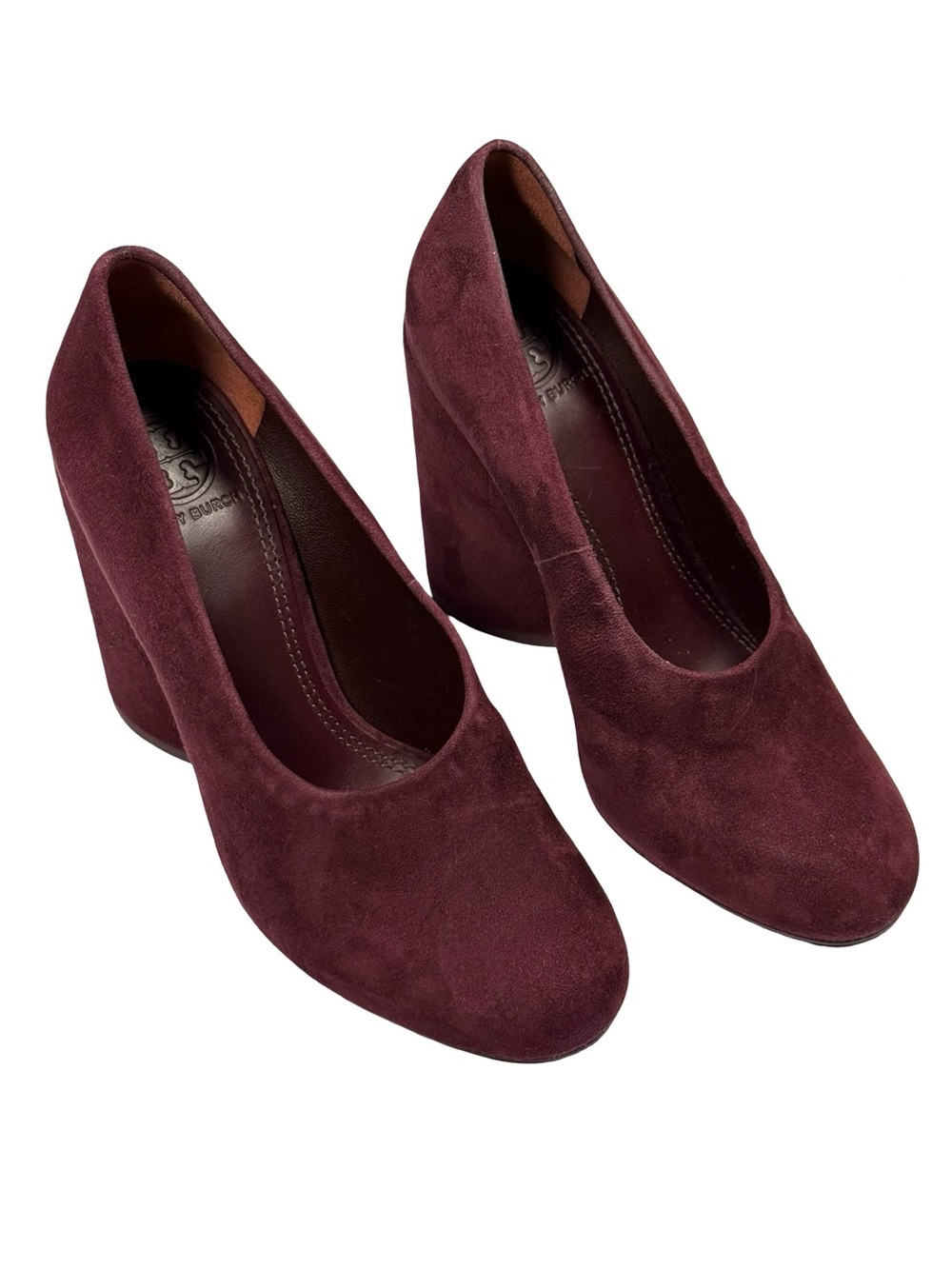 Tory Burch Lucia 110 Suede Pumps Womens 6M Fig Burgundy Block Heel Quiet Luxury